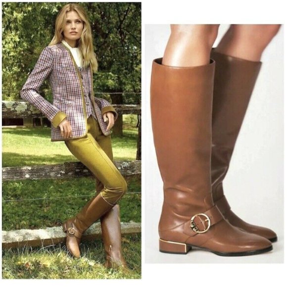 Tory Burch Sofia Emblem Knee High Ridig Boots Camel Brown Leather US 5 - Picture 1 of 13